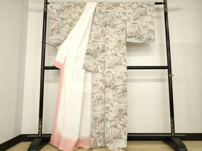 平和屋着物■上質な小紋 人物風景花文 本草木染 鬼しぼ縮緬 正絹 逸品 AABG0874ck