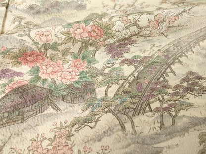 平和屋着物■上質な小紋 人物風景花文 本草木染 鬼しぼ縮緬 正絹 逸品 AABG0874ck
