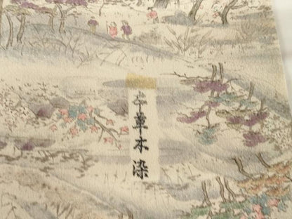 平和屋着物■上質な小紋 人物風景花文 本草木染 鬼しぼ縮緬 正絹 逸品 AABG0874ck