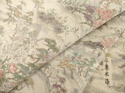 平和屋着物■上質な小紋 人物風景花文 本草木染 鬼しぼ縮緬 正絹 逸品 AABG0874ck