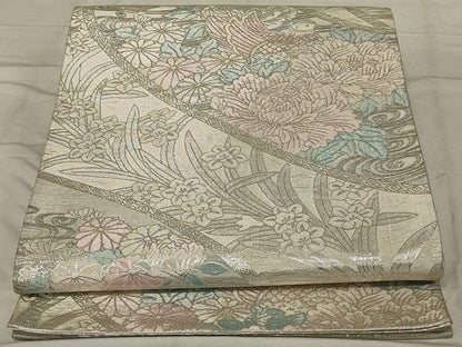 平和屋着物◎佐賀錦　六通柄袋帯　流水草花文　銀糸　正絹　逸品　AABG0887ou