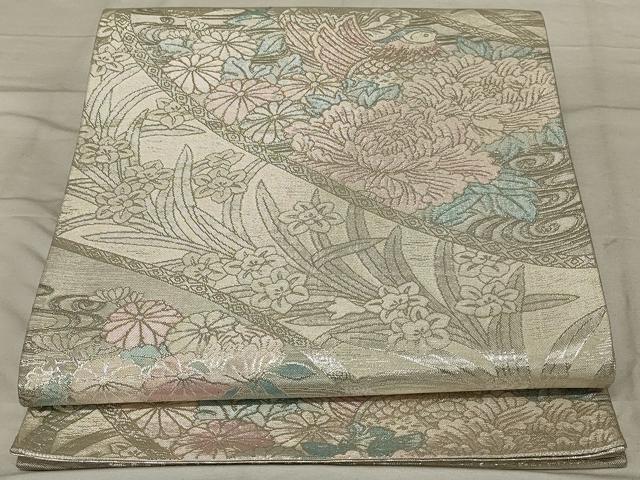 平和屋着物◎佐賀錦　六通柄袋帯　流水草花文　銀糸　正絹　逸品　AABG0887ou