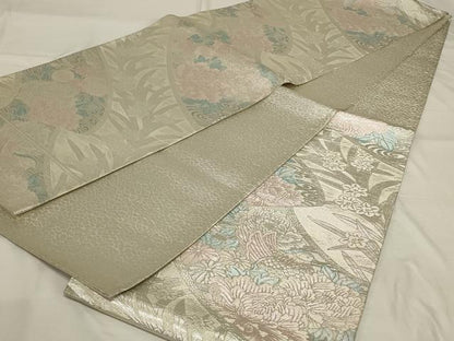 平和屋着物◎佐賀錦　六通柄袋帯　流水草花文　銀糸　正絹　逸品　AABG0887ou