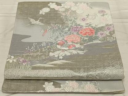 平和屋着物◎六通柄袋帯　唐織　鴛鴦花文　銀糸　正絹　逸品　AABG0888ou