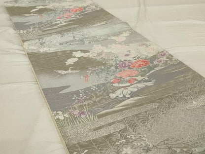 平和屋着物◎六通柄袋帯　唐織　鴛鴦花文　銀糸　正絹　逸品　AABG0888ou