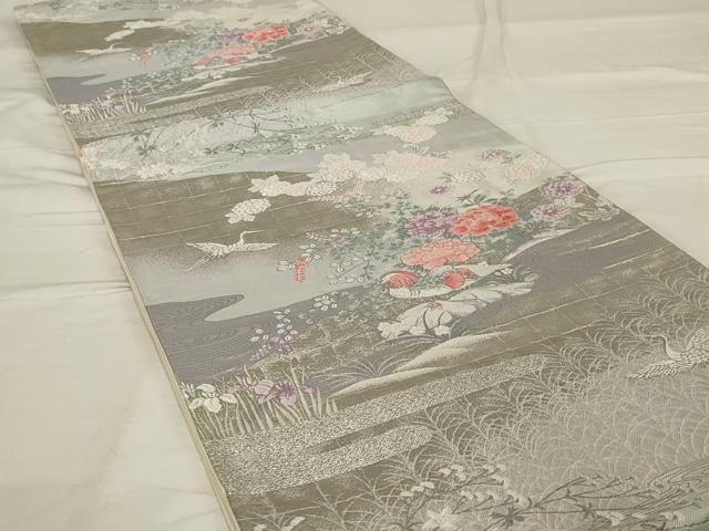 平和屋着物◎六通柄袋帯　唐織　鴛鴦花文　銀糸　正絹　逸品　AABG0888ou