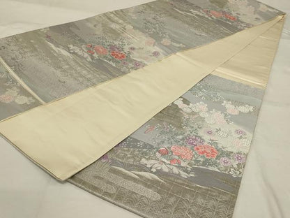 平和屋着物◎六通柄袋帯　唐織　鴛鴦花文　銀糸　正絹　逸品　AABG0888ou