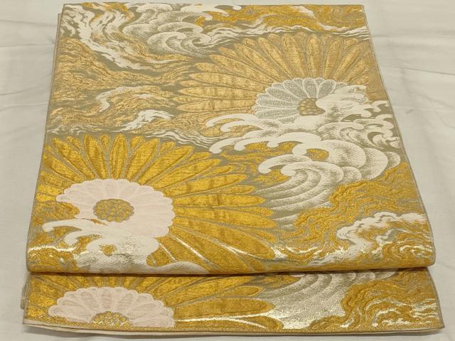 平和屋着物◎六通柄袋帯　流水花文　金糸　正絹　逸品　AABG0893ou
