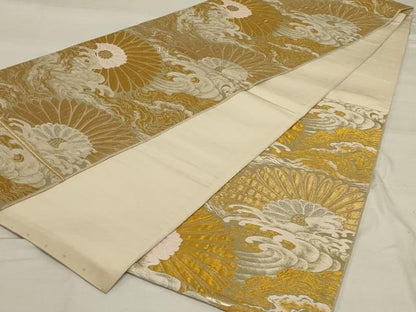 平和屋着物◎六通柄袋帯　流水花文　金糸　正絹　逸品　AABG0893ou