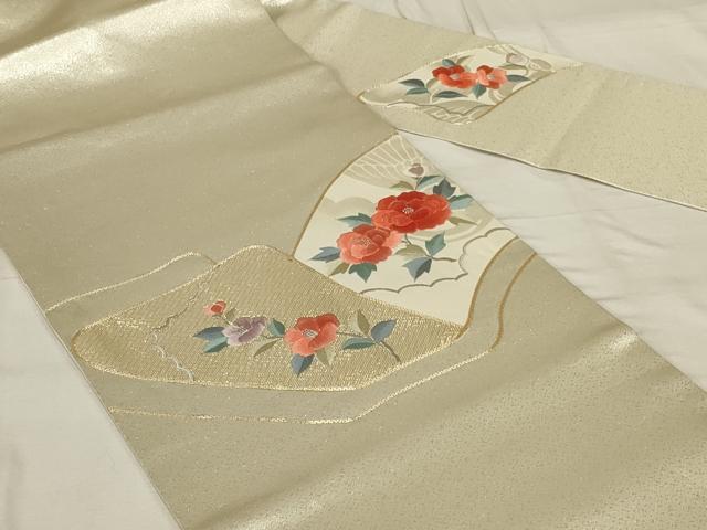 平和屋着物◎九寸名古屋帯　総刺繍　駒刺繍　枝花文　金銀糸　正絹　逸品　AABG0914ou