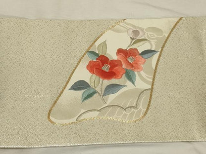 平和屋着物◎九寸名古屋帯　総刺繍　駒刺繍　枝花文　金銀糸　正絹　逸品　AABG0914ou