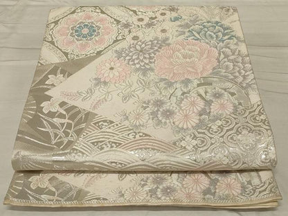 平和屋着物◎六通柄袋帯　唐織　切嵌花文　銀糸　正絹　逸品　AABG0918ou
