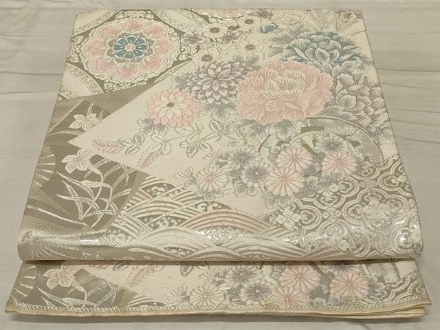 平和屋着物◎六通柄袋帯　唐織　切嵌花文　銀糸　正絹　逸品　AABG0918ou