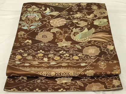 平和屋着物◎六通柄袋帯 花鳥文 正絹 逸品 AABG0919ou