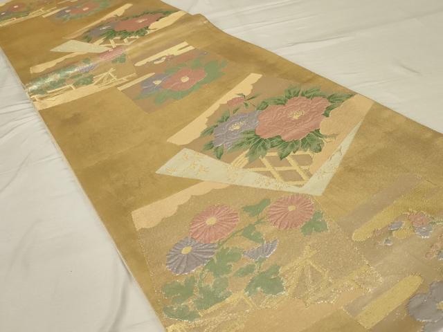 平和屋着物◎六通柄袋帯 色紙花文 金糸 正絹 逸品 AABG0920ou