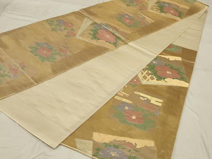 平和屋着物◎六通柄袋帯 色紙花文 金糸 正絹 逸品 AABG0920ou