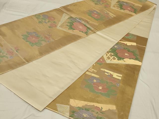 平和屋着物◎六通柄袋帯 色紙花文 金糸 正絹 逸品 AABG0920ou