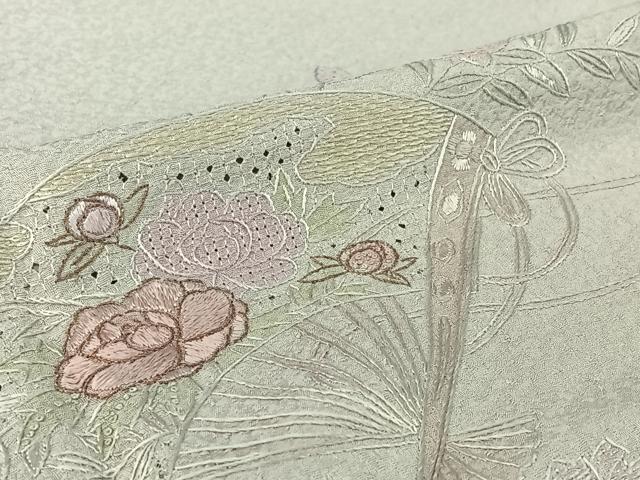 平和屋着物▽訪問着 単衣 中国三大刺繍 汕頭刺繍 スワトウ刺繍 総刺繍 扇面花文 正絹 逸品 AABG0928jh