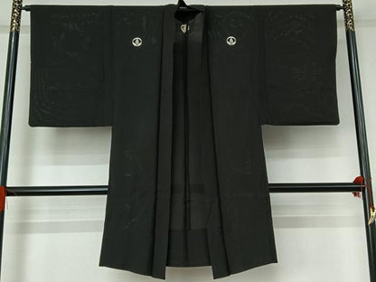平和屋着物▽男性 羽織 黒紋付 スリーシーズン 春夏秋 塵除け 暗黒色 正絹 逸品 AABG0930jh