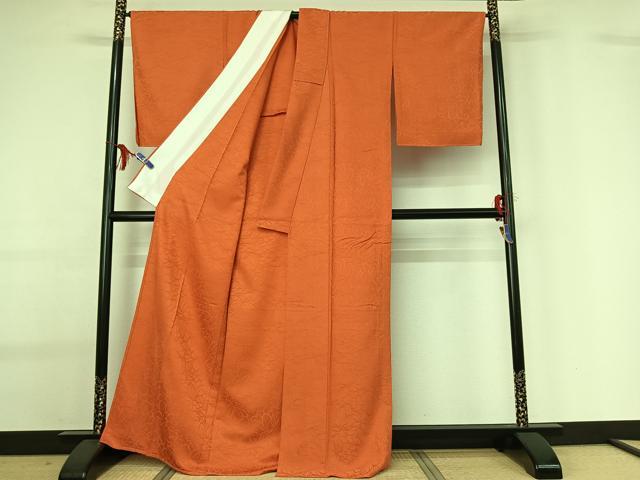 平和屋着物▽上質な色無地 単衣 草花文 丹色 正絹 逸品 AABG0935jh