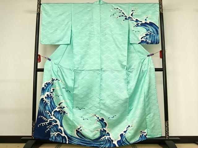 平和屋着物▽訪問着 単衣 立波飛鳥文 金彩 洗える着物 AABG0941jh