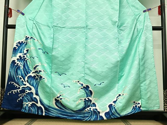 平和屋着物▽訪問着 単衣 立波飛鳥文 金彩 洗える着物 AABG0941jh