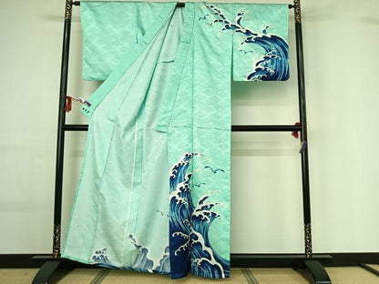 平和屋着物▽訪問着 単衣 立波飛鳥文 金彩 洗える着物 AABG0941jh