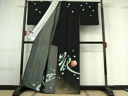 平和屋着物▽訪問着 単衣 舞花文 黒地 金彩 洗える着物 AABG0942jh