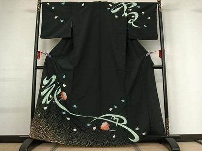 平和屋着物▽訪問着 単衣 舞花文 黒地 金彩 洗える着物 AABG0942jh
