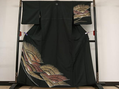 平和屋着物▽訪問着 単衣 松 黒地 洗える着物 AABG0950jh