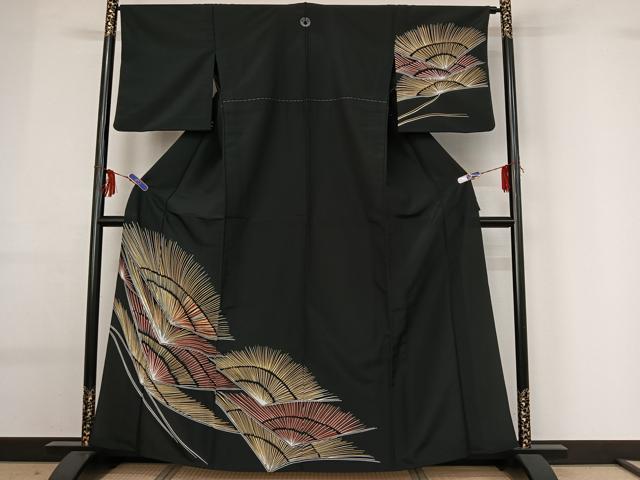 平和屋着物▽訪問着 単衣 松 黒地 洗える着物 AABG0950jh