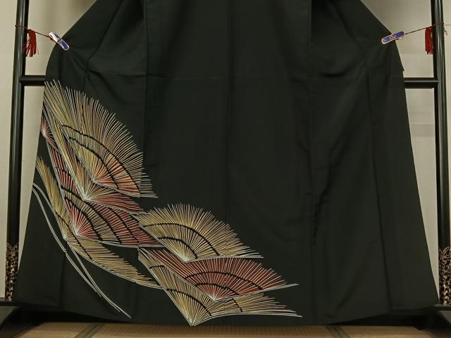 平和屋着物▽訪問着 単衣 松 黒地 洗える着物 AABG0950jh