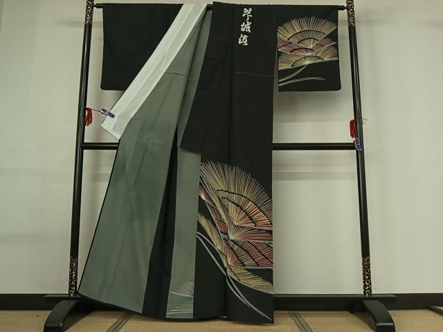 平和屋着物▽訪問着 単衣 松 黒地 洗える着物 AABG0950jh