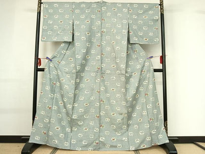 平和屋着物▽人間国宝 芹沢圭介一番弟子 下平清人 紬 単衣 花鳥文 正絹 逸品 AABG0952jh