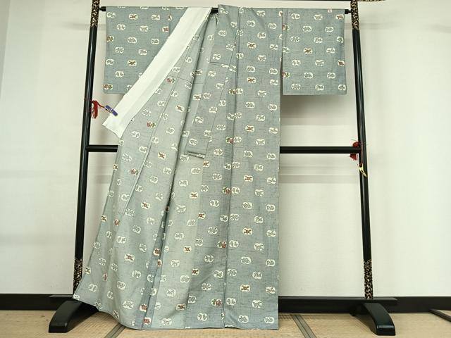 平和屋着物▽人間国宝 芹沢圭介一番弟子 下平清人 紬 単衣 花鳥文 正絹 逸品 AABG0952jh