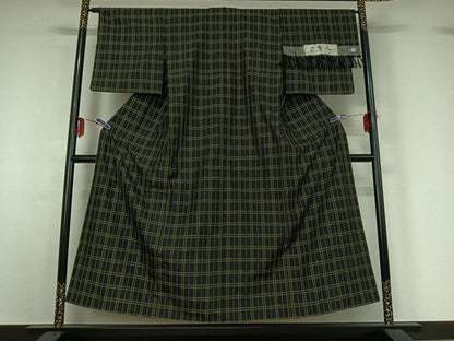 平和屋着物▽上質な紬　単衣　花黄八　花織　格子　反端付き　正絹　逸品　AABG0977jh