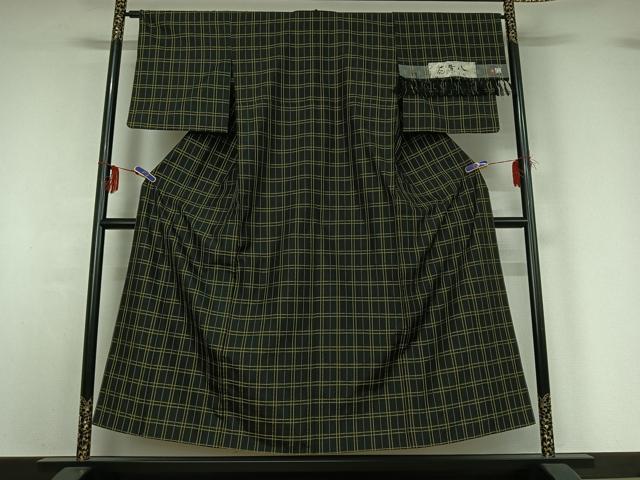 平和屋着物▽上質な紬　単衣　花黄八　花織　格子　反端付き　正絹　逸品　AABG0977jh
