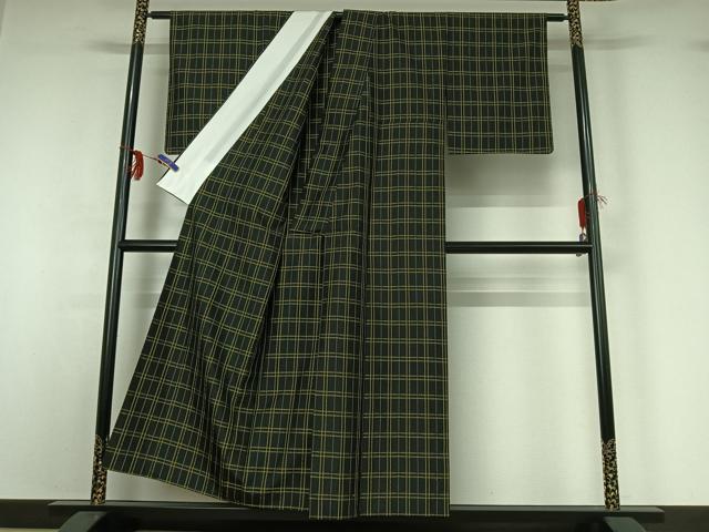 平和屋着物▽上質な紬　単衣　花黄八　花織　格子　反端付き　正絹　逸品　AABG0977jh