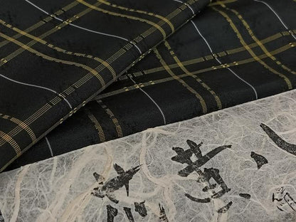 平和屋着物▽上質な紬　単衣　花黄八　花織　格子　反端付き　正絹　逸品　AABG0977jh