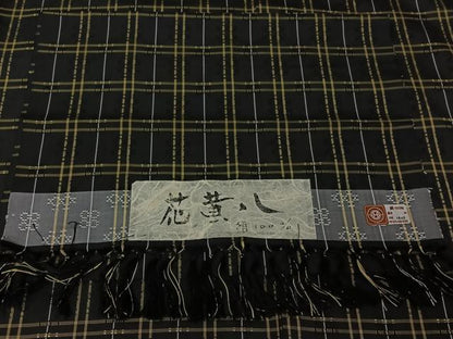 平和屋着物▽上質な紬　単衣　花黄八　花織　格子　反端付き　正絹　逸品　AABG0977jh
