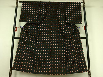 平和屋着物▽上質な紬 単衣 丸文 黒地 正絹 逸品 AABG0981jh