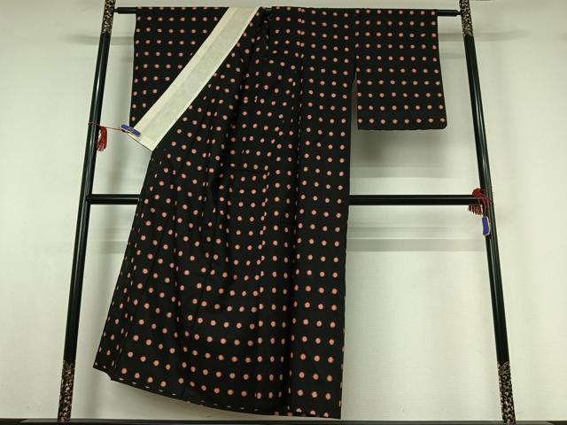 平和屋着物▽上質な紬 単衣 丸文 黒地 正絹 逸品 AABG0981jh