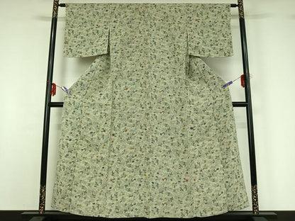 平和屋着物▽上質な小紋 単衣 型染め 草花文 鬼しぼ縮緬 正絹 逸品 AABG0990jh