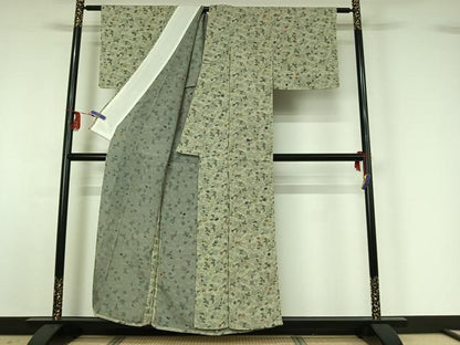 平和屋着物▽上質な小紋 単衣 型染め 草花文 鬼しぼ縮緬 正絹 逸品 AABG0990jh