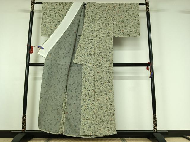 平和屋着物▽上質な小紋 単衣 型染め 草花文 鬼しぼ縮緬 正絹 逸品 AABG0990jh