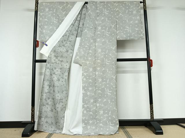 平和屋着物▽お召 単衣 100亀甲 舞花文 正絹 逸品 AABG0993jh