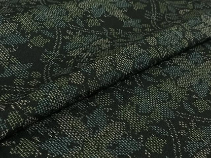 平和屋着物▽本場大島紬 単衣 正倉院花文 黒地 正絹 逸品 AABG0995jh