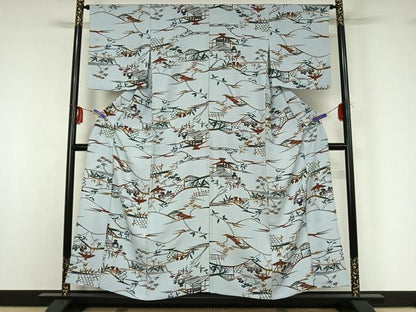 平和屋着物▽上質な小紋 単衣 型染め 風景花文 正絹 逸品 AABG0996jh