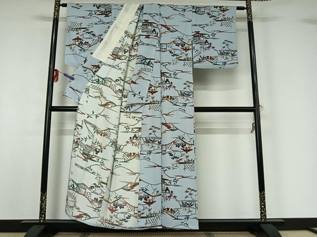 平和屋着物▽上質な小紋 単衣 型染め 風景花文 正絹 逸品 AABG0996jh