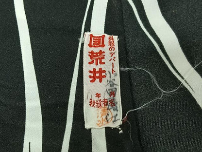平和屋着物▽小紋 単衣 立波文 黒地 洗える着物 AABG0997jh